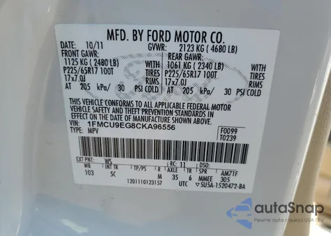 2012 Ford Escape Limited z USA, uszkodzony, nr VIN 1FMCU9EG8CKA96556